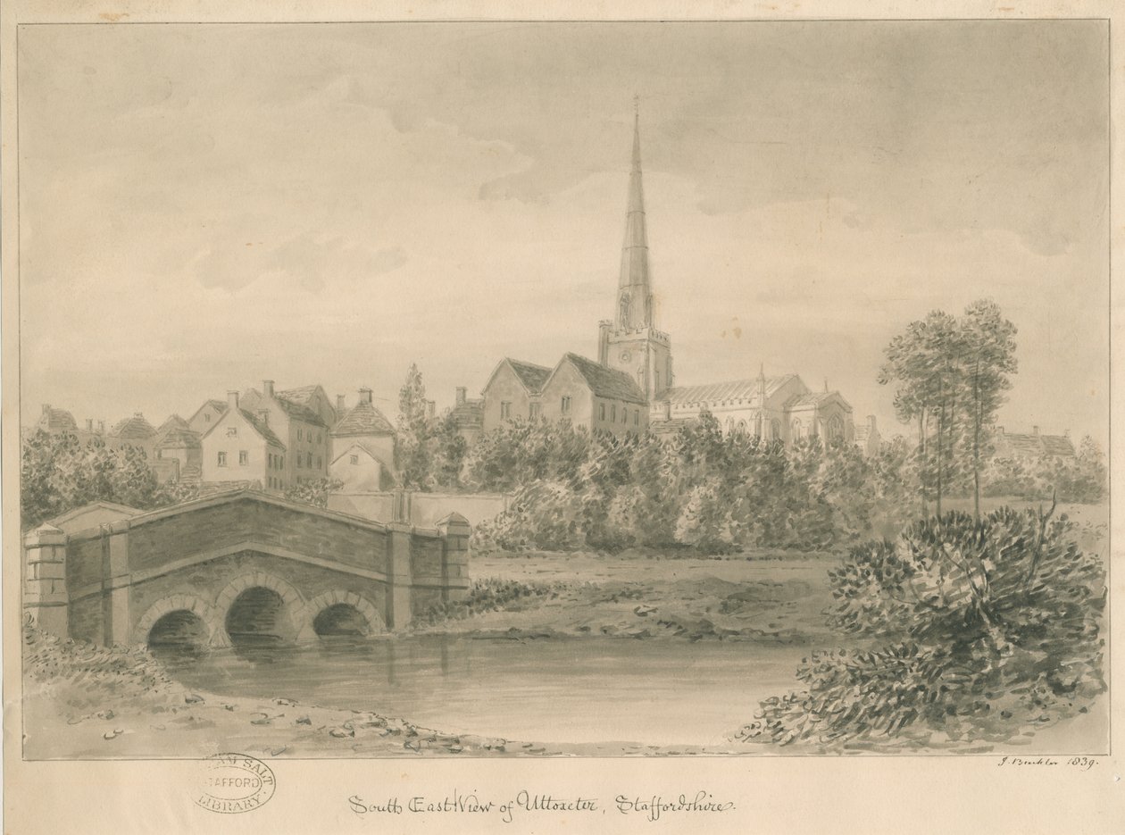 Uttoxeter Town: sepiatvättteckning, 1839 av John Buckler