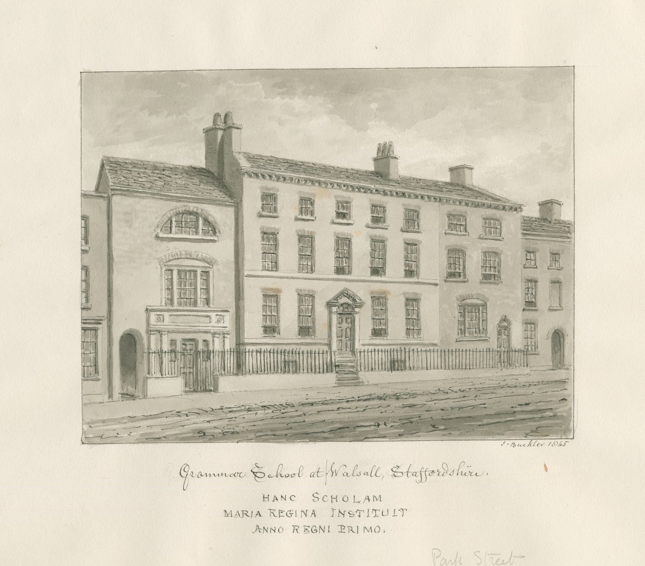 Walsall Town - Grammar School: sepiatvättteckning, 1845 av John Buckler