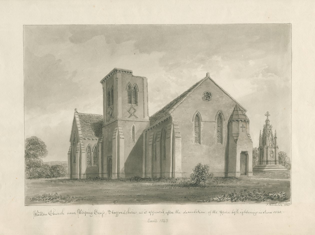 Walton-on-the-Hill Church: sepiatvättteckning, 1844 av John Buckler