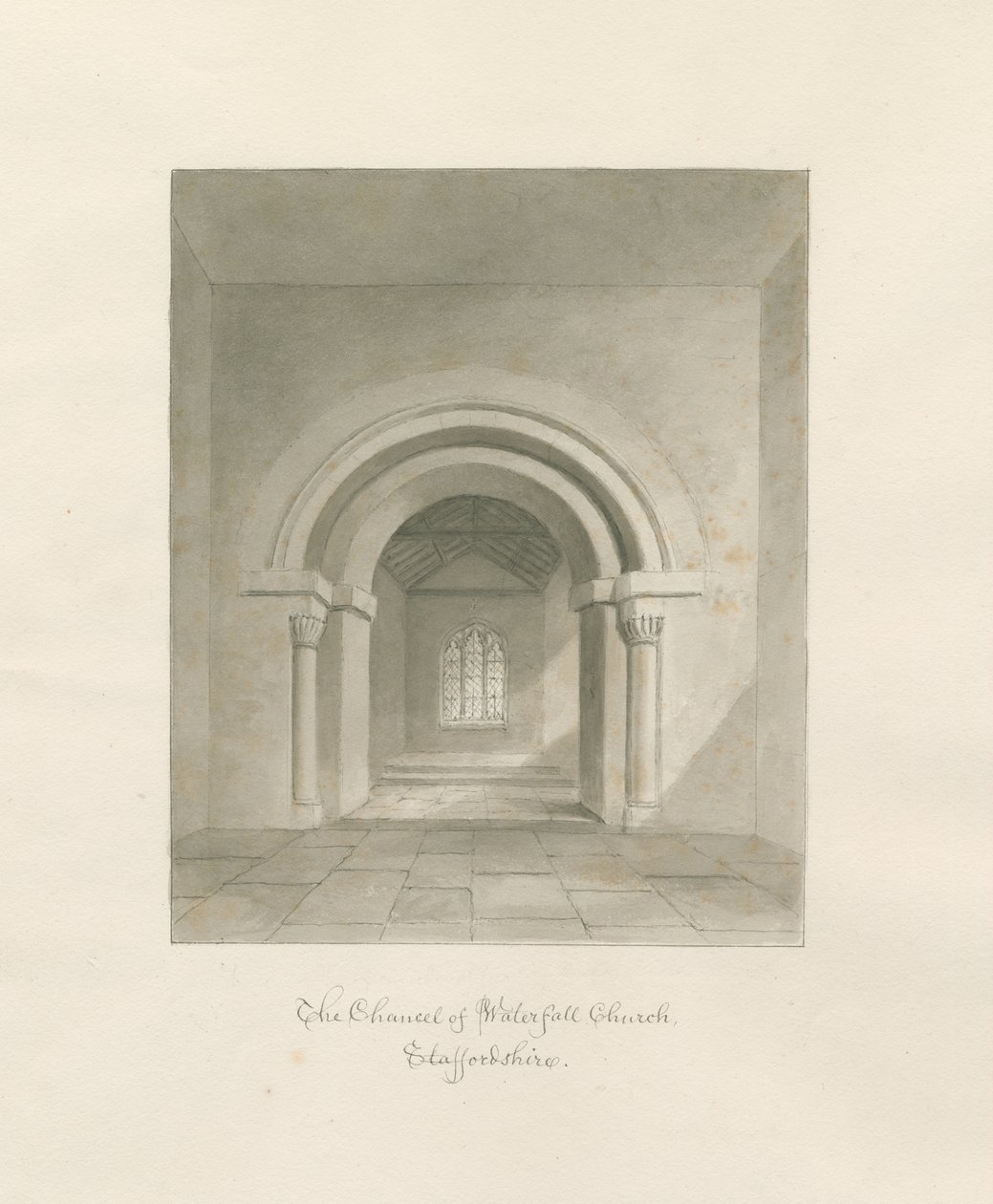 Vattenfallskyrkan - Kanslets inre: sepiateckning, 1847 av John Buckler