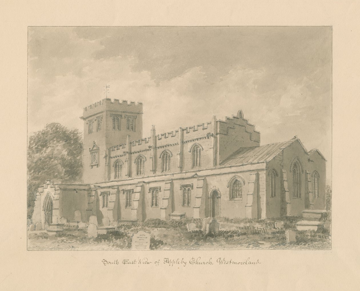 Westmorland - Appleby kyrka: sepiateckning, 1800 av John Buckler
