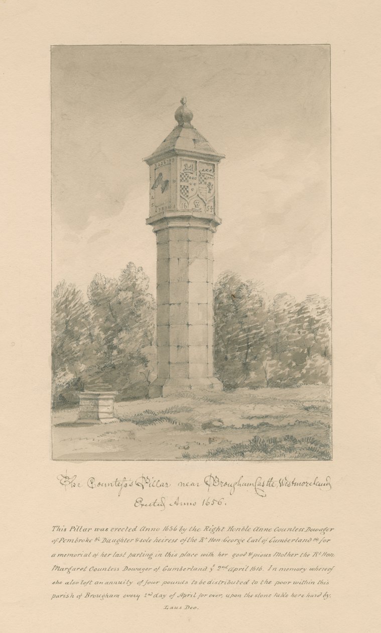 Westmorland - Brougham Castle - Countess Pillar: sepiateckning, 1800 av John Buckler