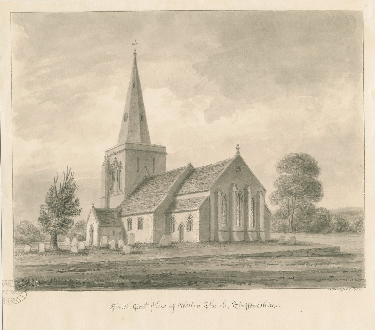 Weston-on-Trent Church: sepiateckning, 1841 av John Buckler