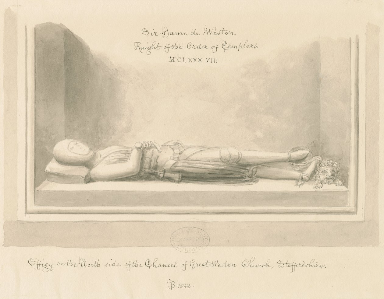 Weston-under-Lizard Church - Effigy of Sir Hamo de Weston: sepiatvättteckning, 1842 av John Buckler