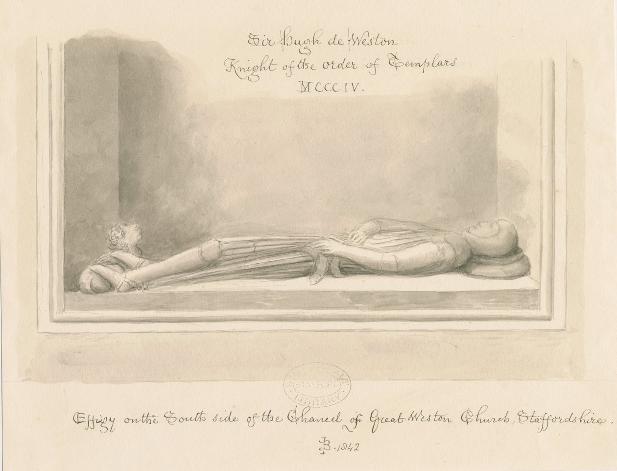 Weston-under-Lizard Church - Effigy of Sir Hugh de Weston: sepiateckning, 1842 av John Buckler