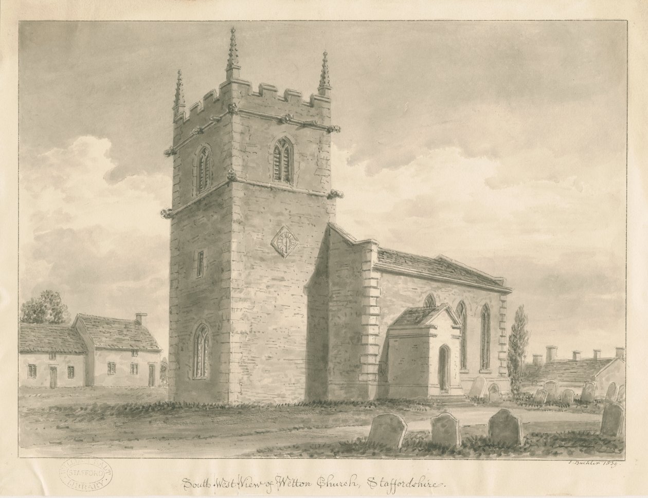 Wetton Church: sepiateckning, 1839 av John Buckler