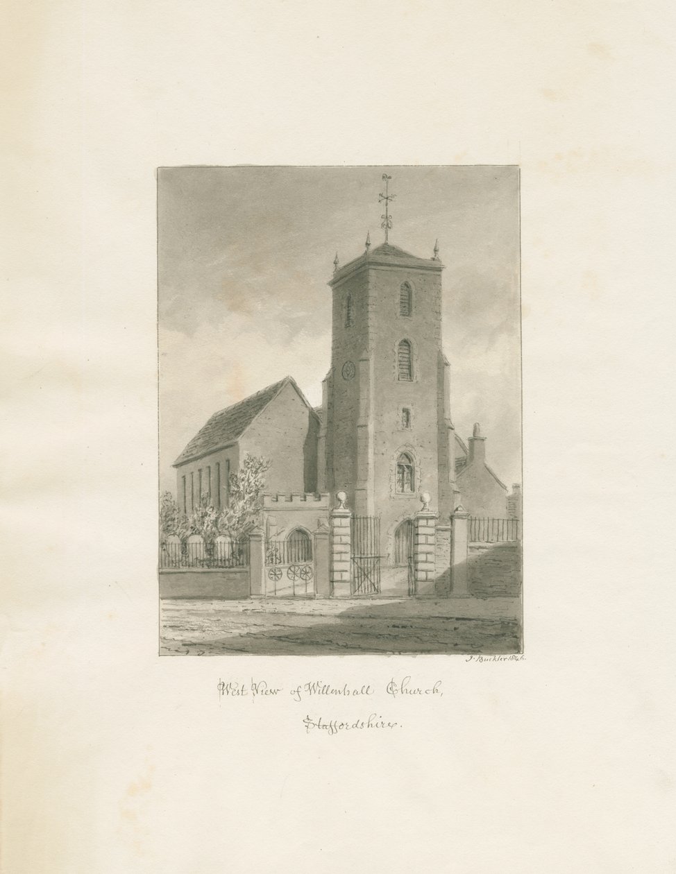 Willenhall Church: sepiateckning, 1846 av John Buckler