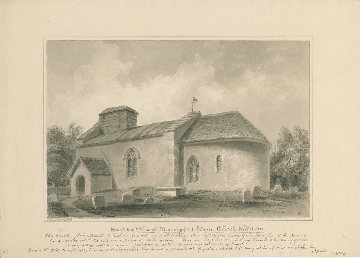 Wiltshire - Manningford Bruce Church: sepiateckning, 1806 av John Buckler