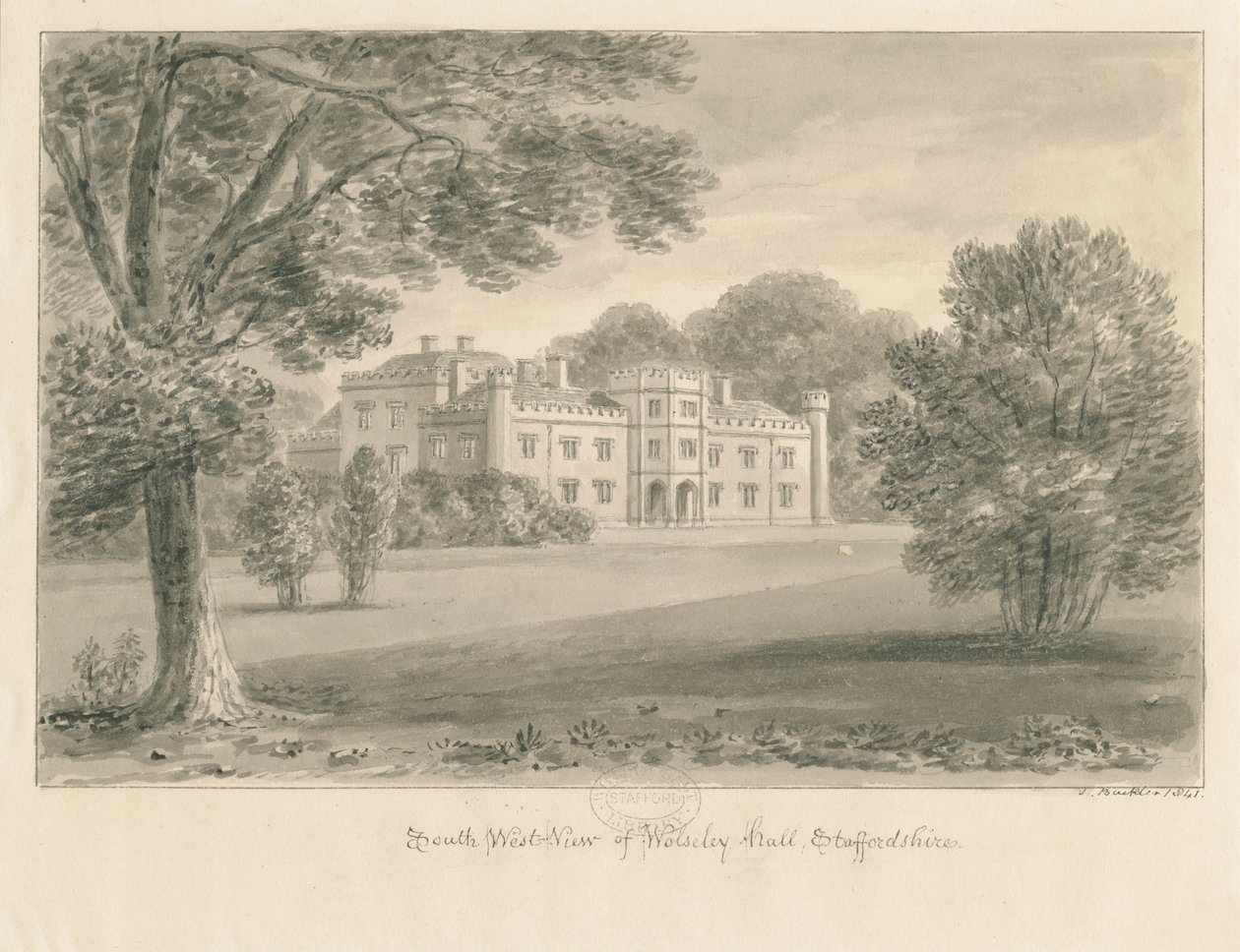 Wolseley Hall: sepiateckning, 1841 av John Buckler