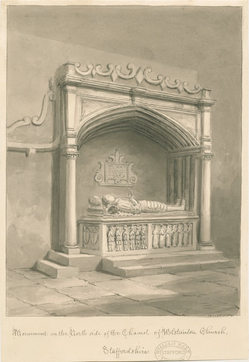 Wolstanton Church - Monument: sepia tvätt ritning av John Buckler