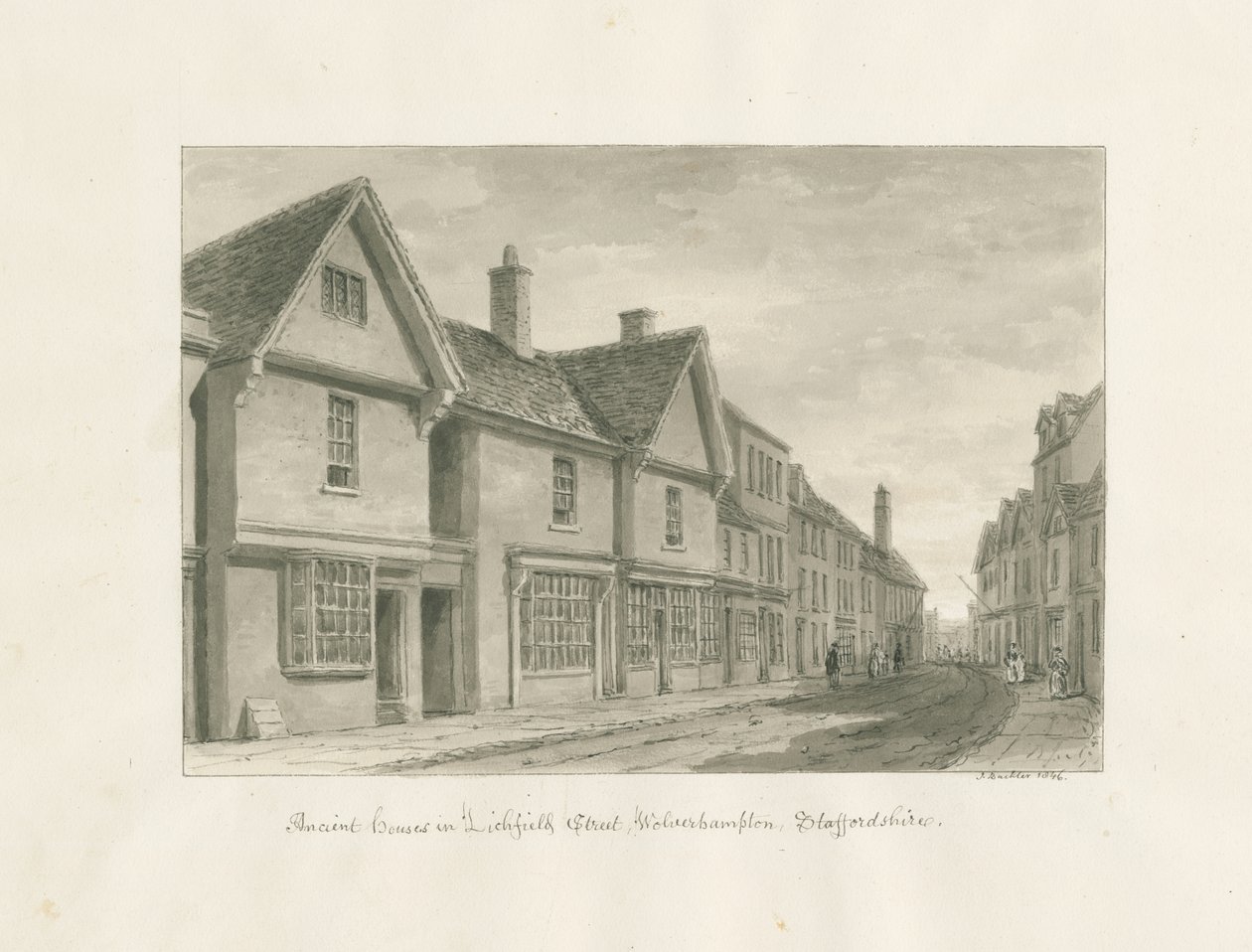 Wolverhampton - Ancient Houses in Lichfield Street: sepiateckning av John Buckler