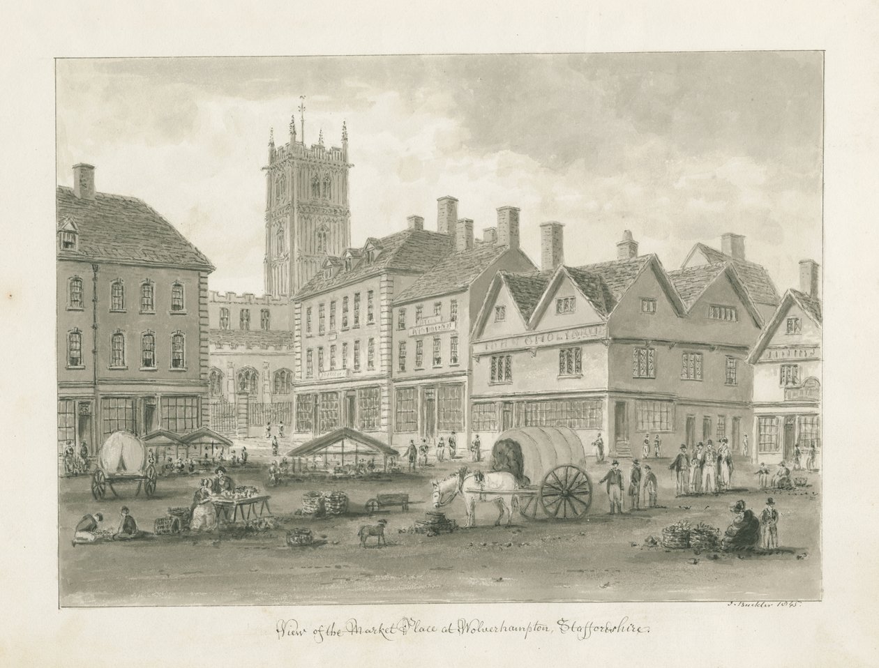Wolverhampton - Market Place: sepiateckning av John Buckler