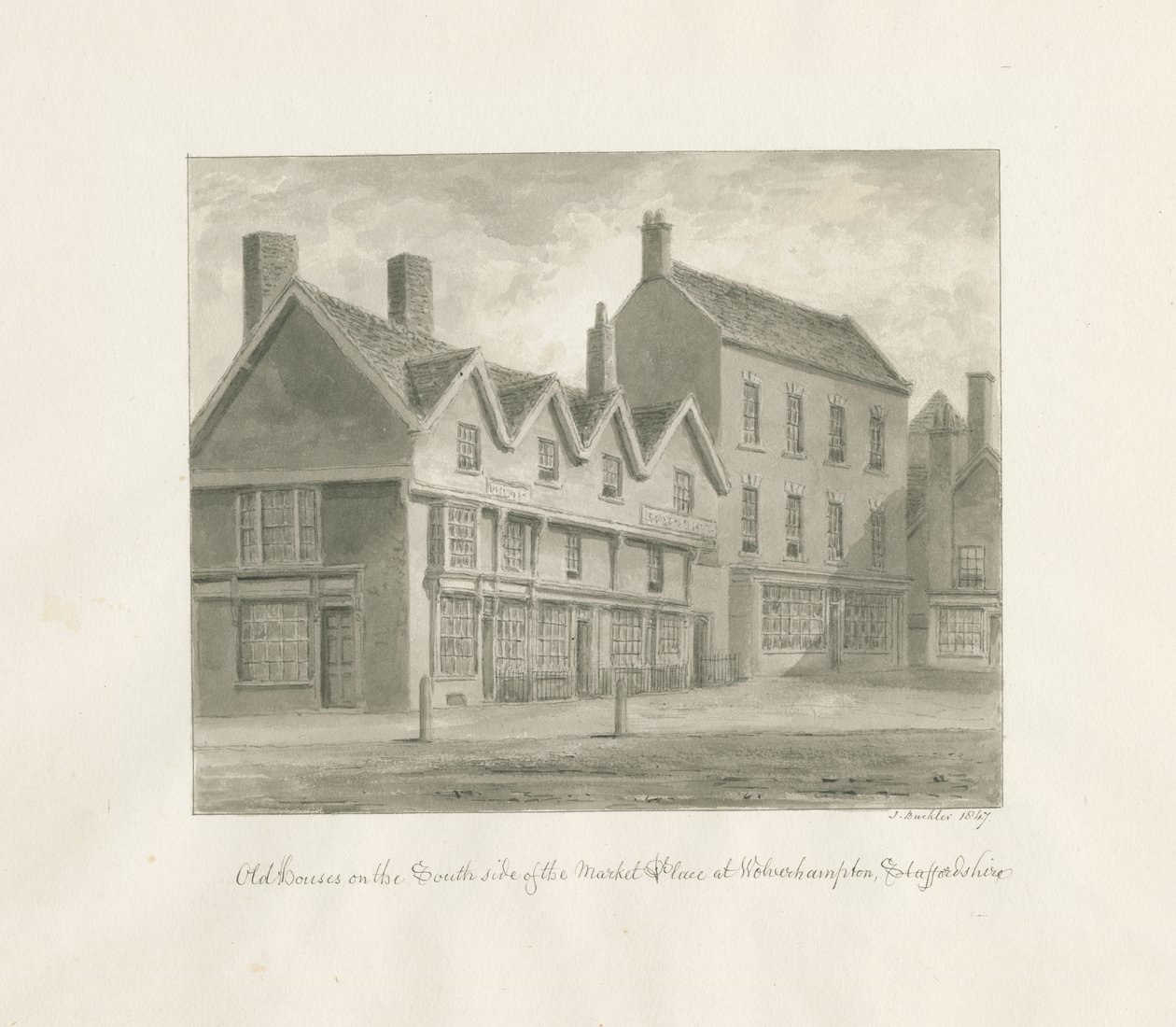 Wolverhampton - Gamla hus på södra sidan av marknadsplatsen: sepiateckning, 1847 av John Buckler