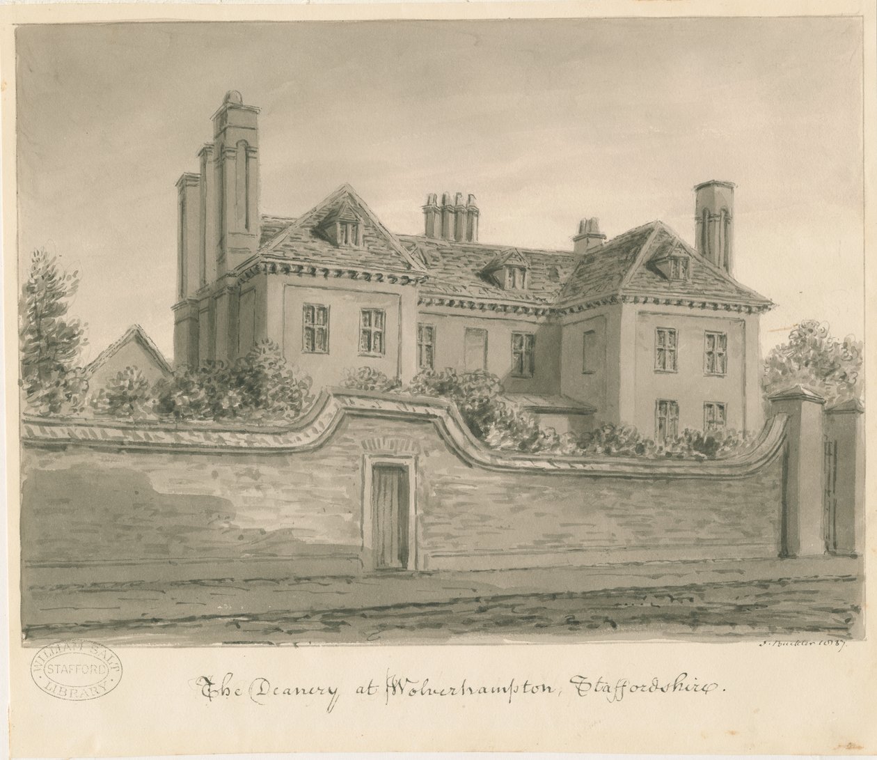 Wolverhampton - The Deanery House: sepiateckning av John Buckler