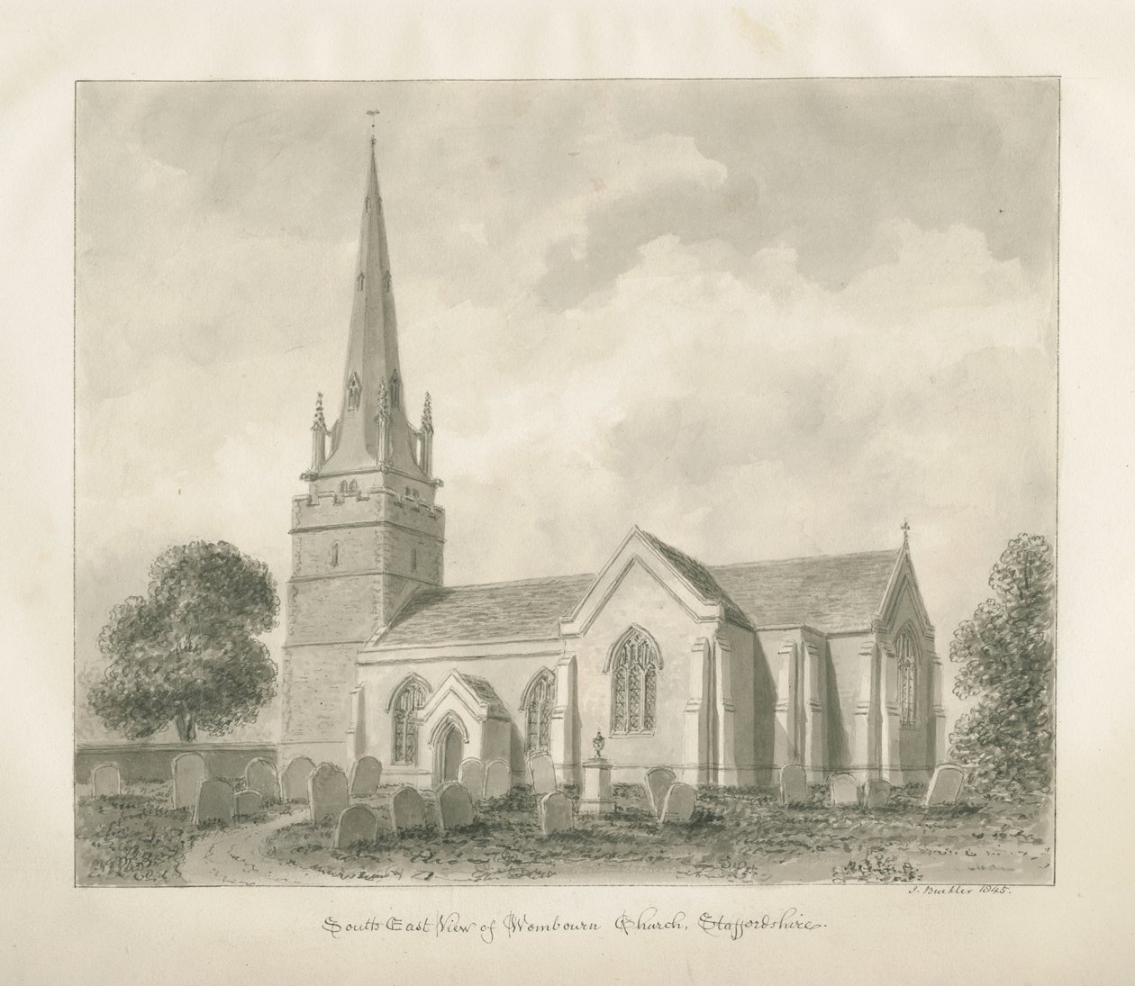 Wombourne Church: sepiateckning, 1845 av John Buckler