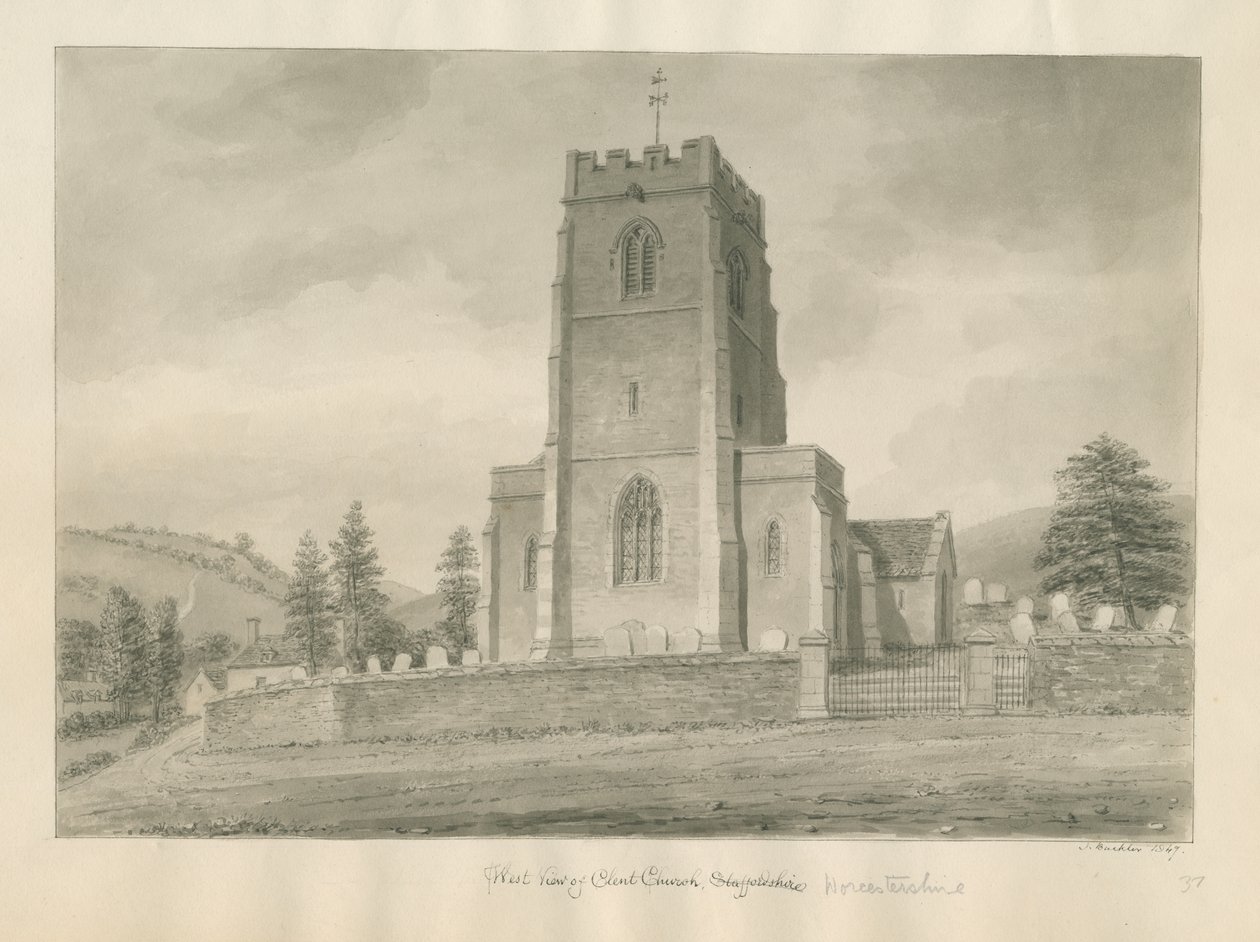 Worcestershire - Clent Church: sepiateckning av John Buckler