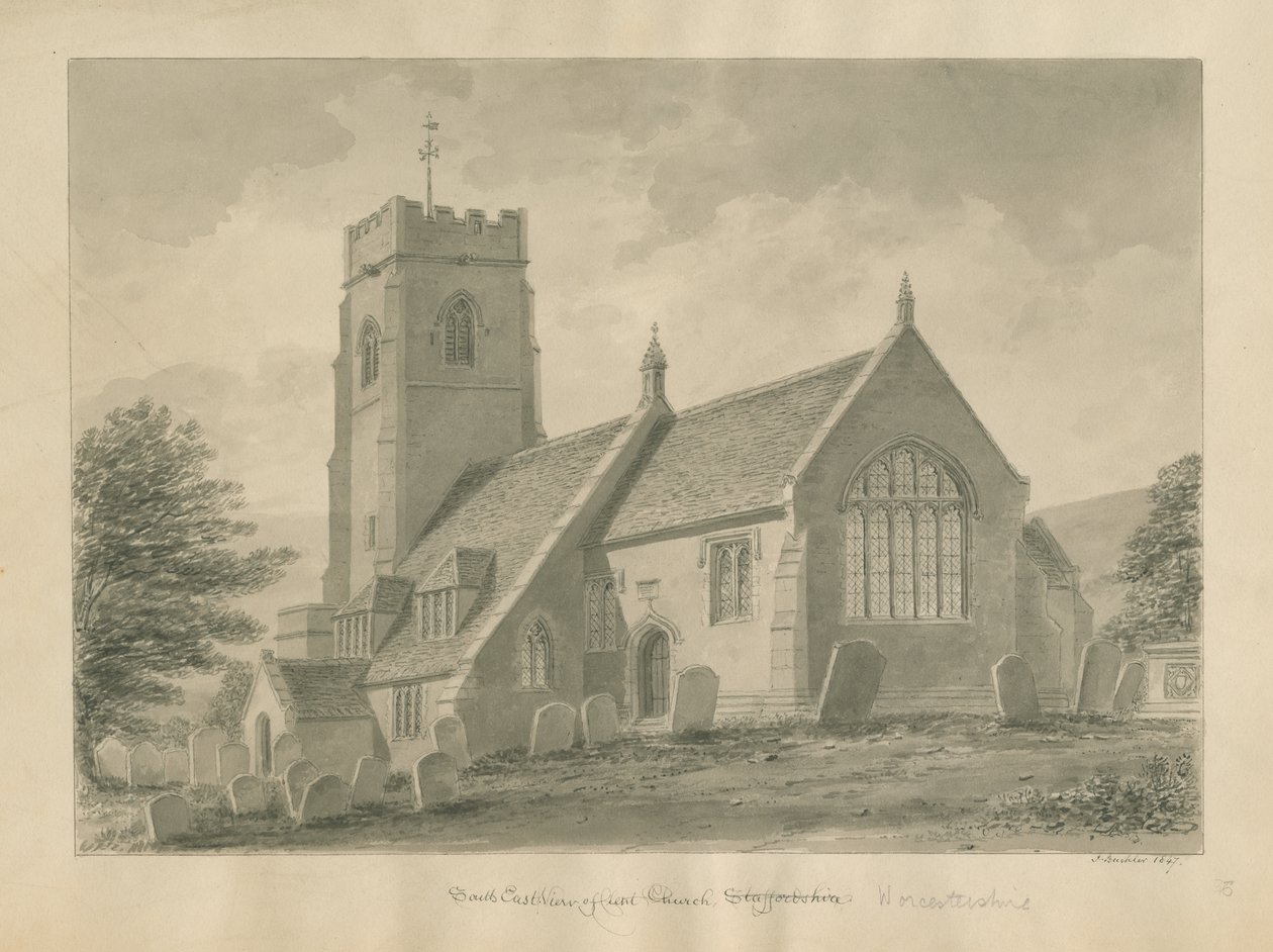 Worcestershire - Clent Church: sepiateckning, 1847 av John Buckler