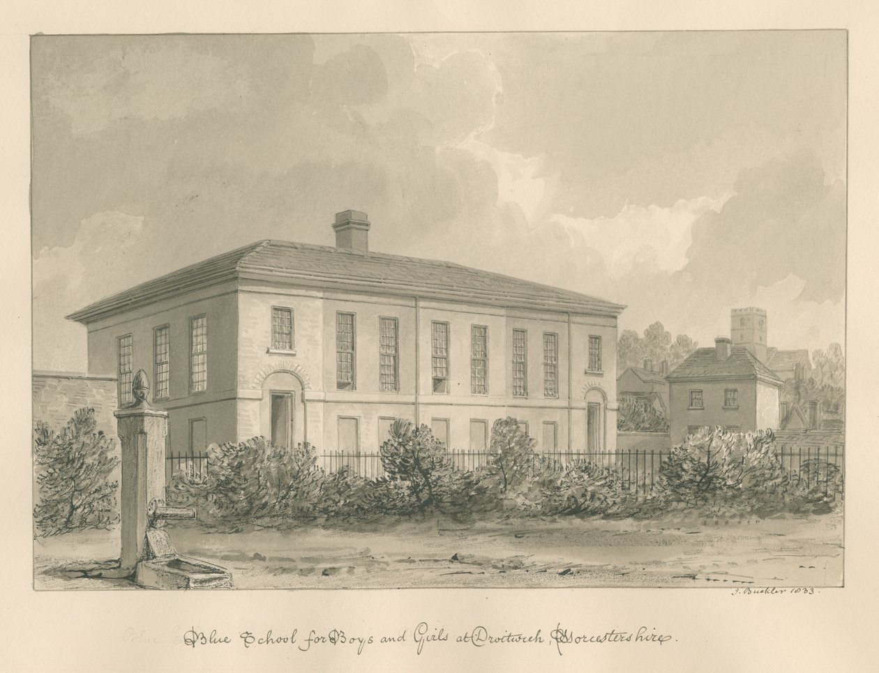 Worcestershire - Droitwich - Blue School: sepiateckning av John Buckler