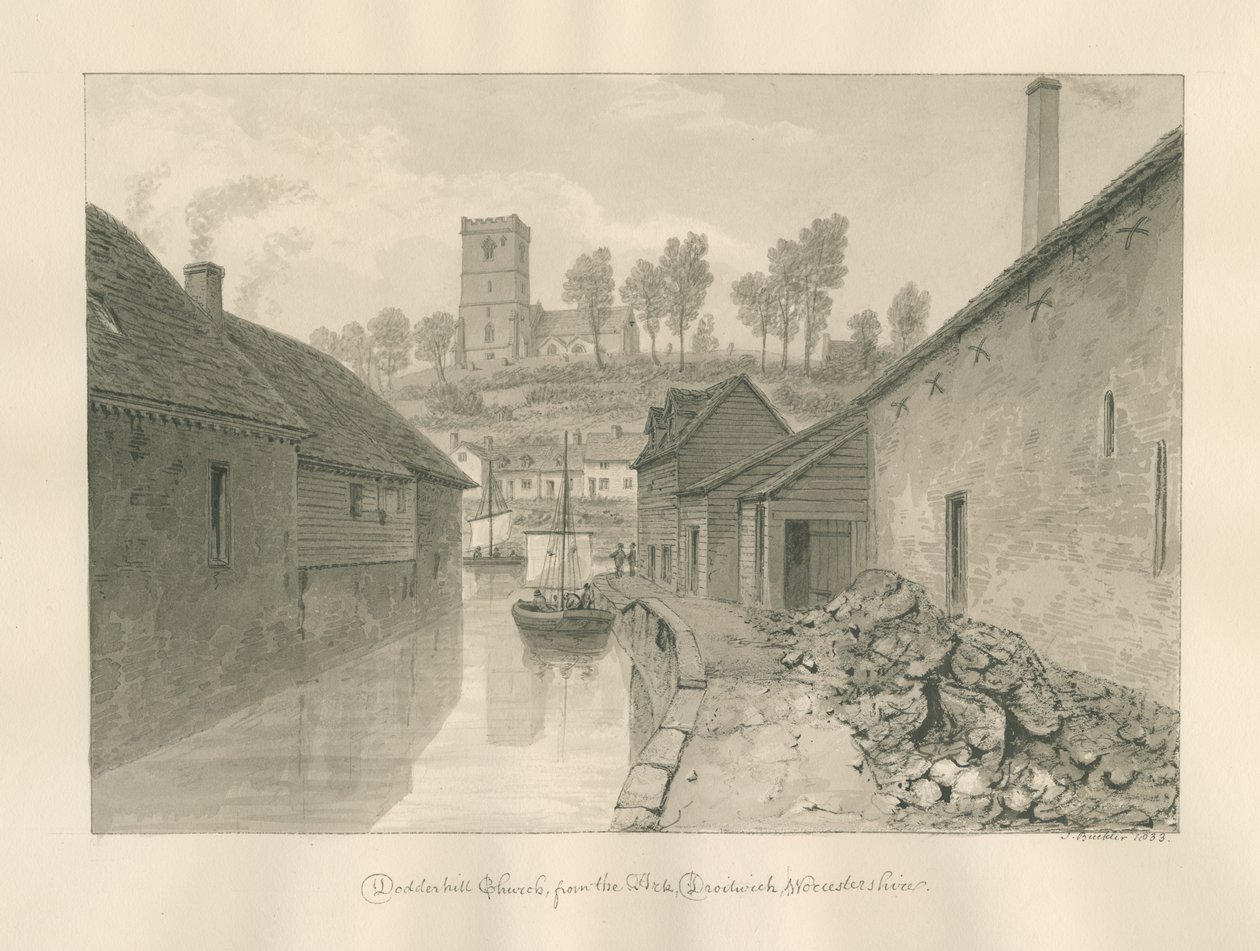 Worcestershire - Droitwich - Dodderhill Church Avlägsen vy: sepiateckning, 1833 av John Buckler