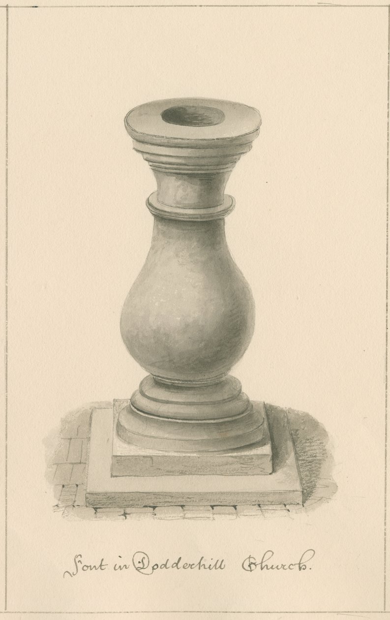 Worcestershire - Droitwich - Dodderhill Church Font: sepiateckning, 1833 av John Buckler