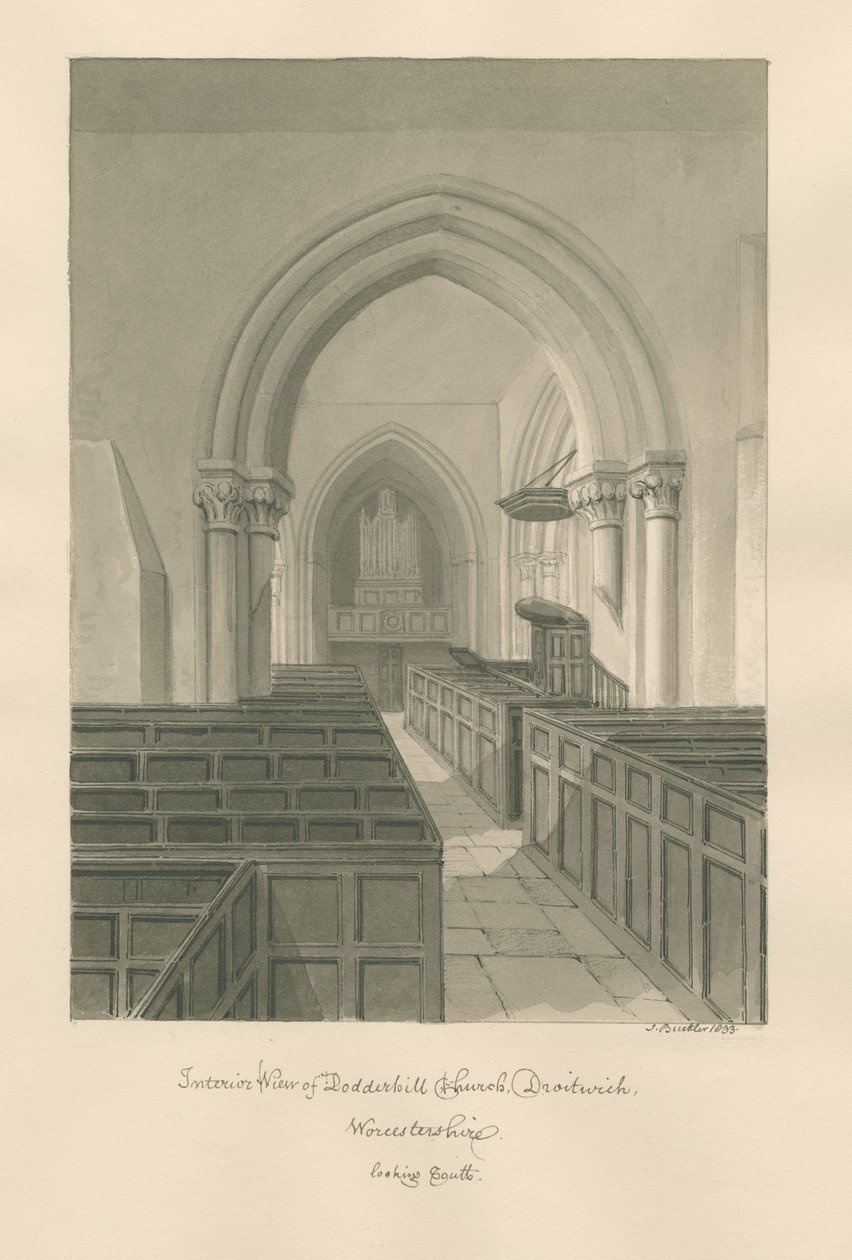 Worcestershire - Droitwich - Dodderhill Church Interiör: sepia ritning av John Buckler