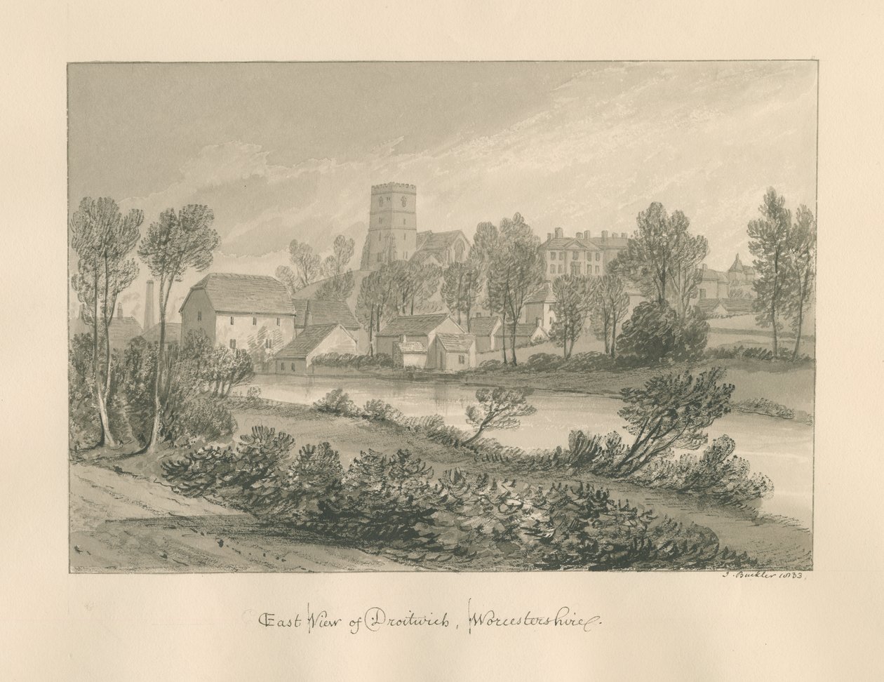 Worcestershire - Droitwich - East View of Town: sepiateckning, 1833 av John Buckler