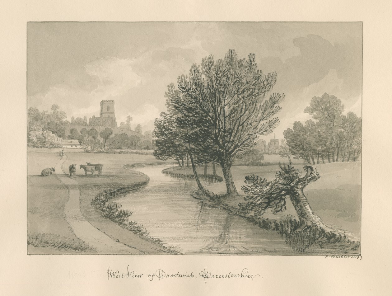 Worcestershire - Droitwich - West View of Town: sepiateckning, 1833 av John Buckler