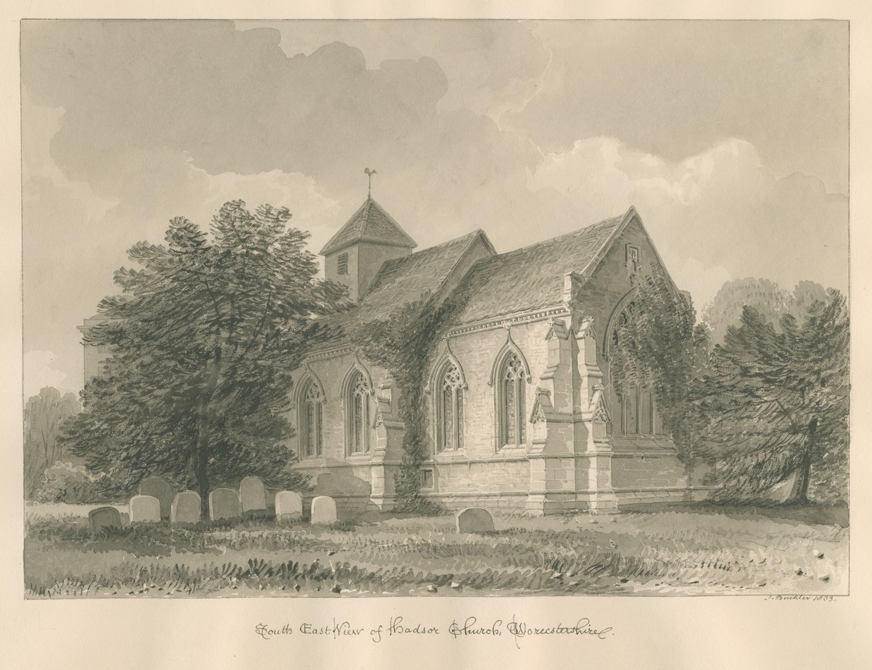 Worcestershire - Hadsor Church: sepiateckning, 1833 av John Buckler