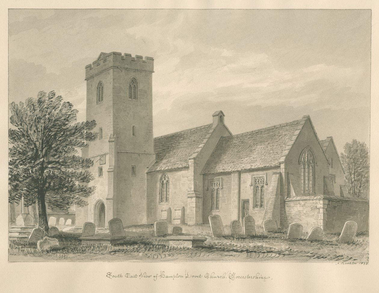 Worcestershire - Hampton Lovett Church: sepiateckning, 1833 av John Buckler