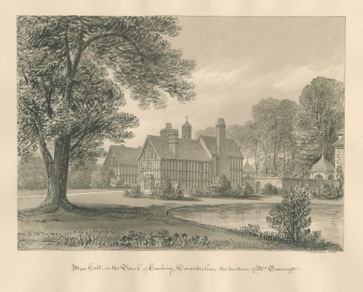 Worcestershire - Hanbury - Meer Hall: sepiateckning av John Buckler