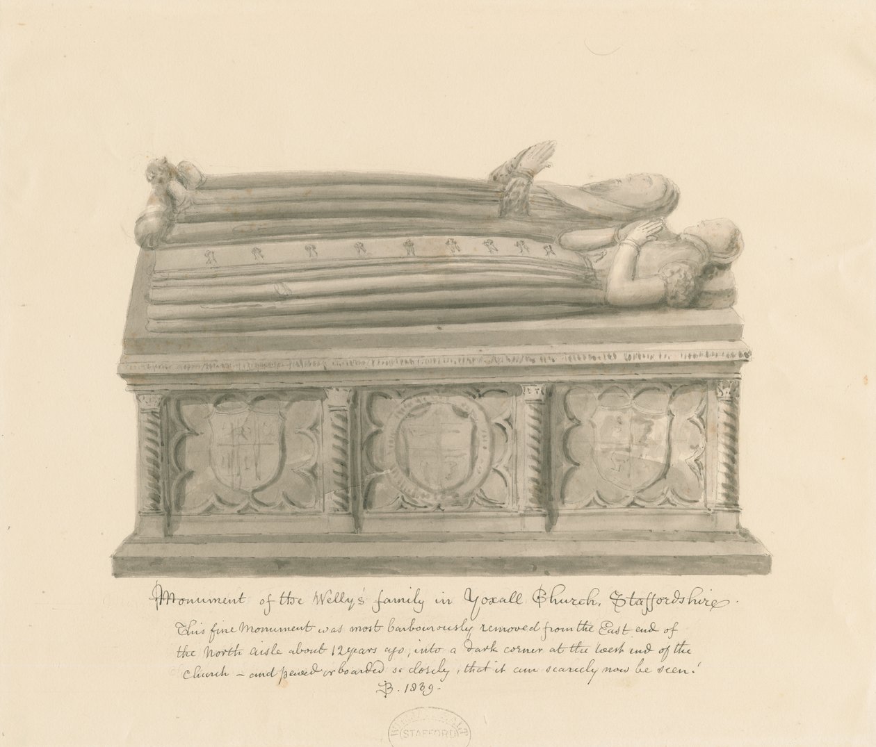 Yoxall Church - Monument över familjen Wellys: sepiateckning av John Buckler