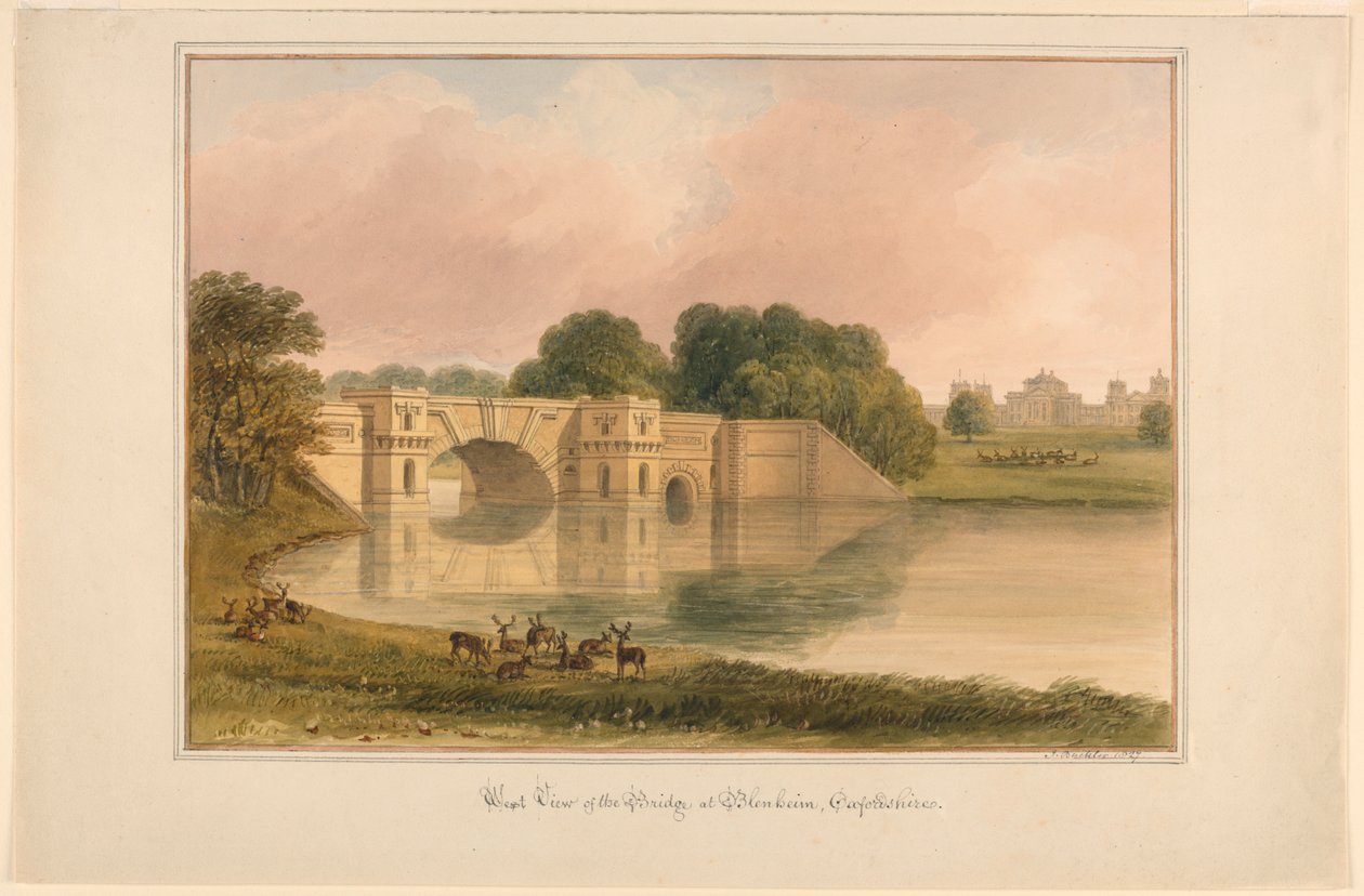 Väster utsikt över bron vid Blenheim, Oxfordshire av John Buckler, F.S.A.