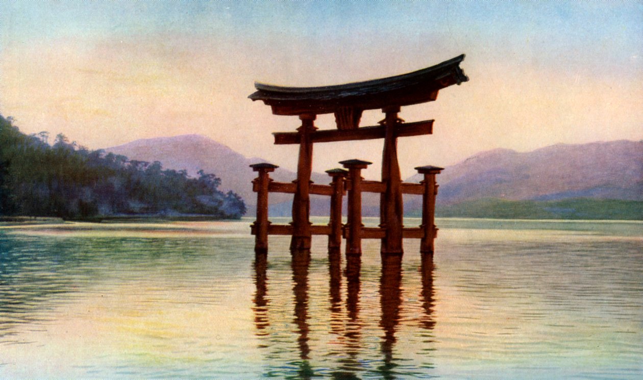 Torii of Itsukushima Hand MP-medlem Miyajima doctor san d, Japan, c1930-talet av John Bushby
