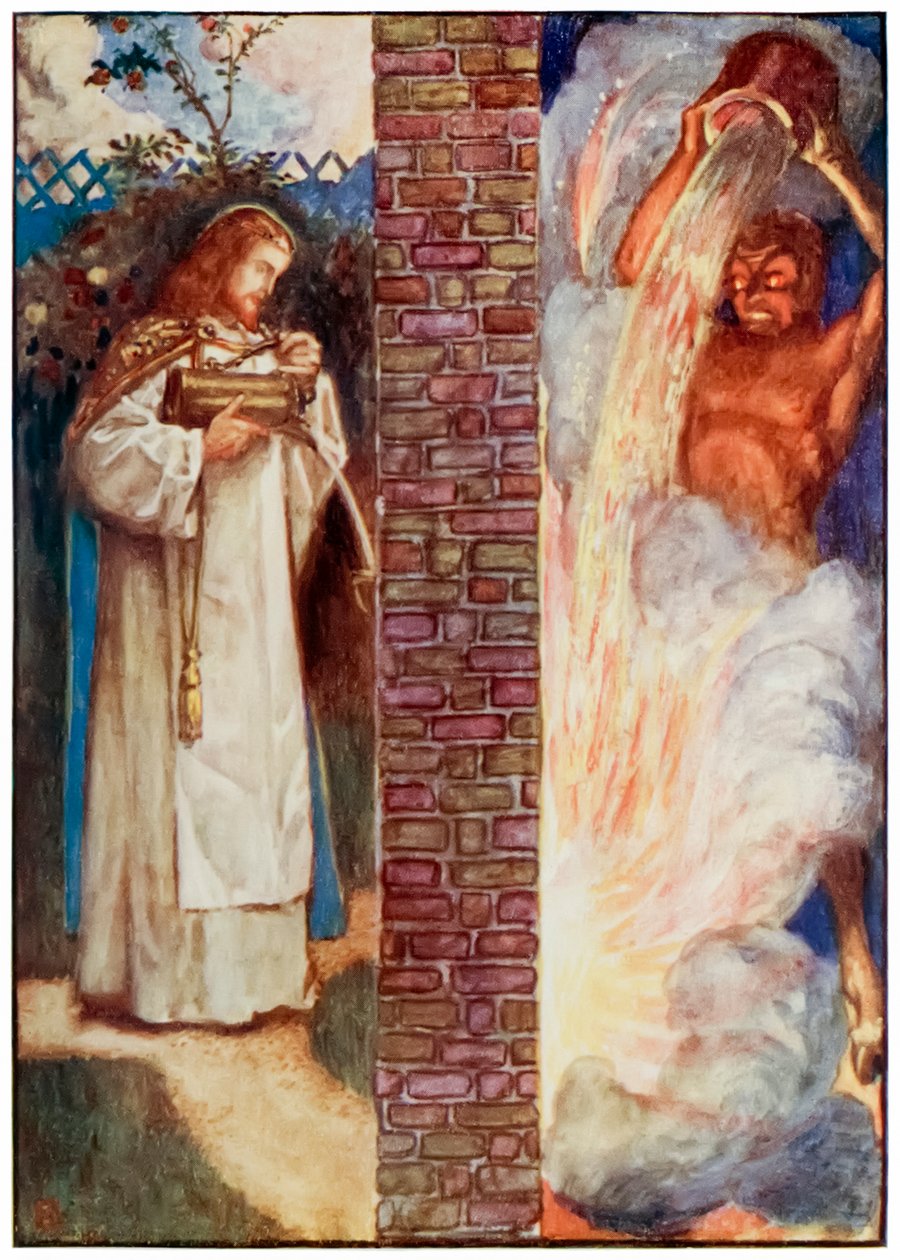 Kristus och djävulen från pilgrimerna framskrider från denna värld, till det som ska komma av John Bunyan (1628-1688) Illustration av Byam Shaw (1872-1919) som visar elden i väggen. Djävulen försöker av John Byam Liston Shaw