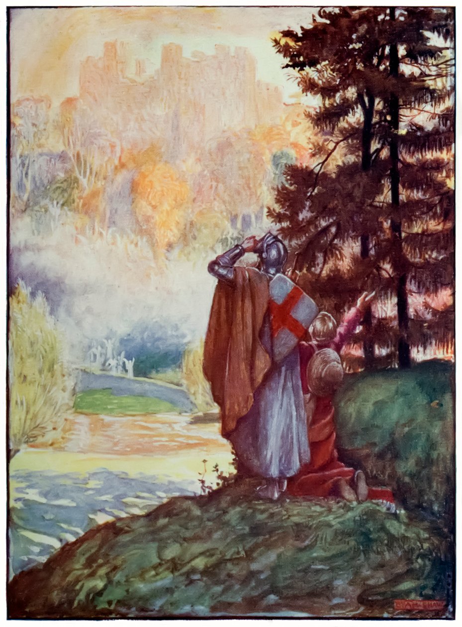 Kristna och hoppfulla kommer i sikte av den himmelska staden från The Pilgrims Progress From This World, To That What Is To Come av John Bunyan (1628-1688) Illustration av Byam Shaw (1872-1919) av John Byam Liston Shaw