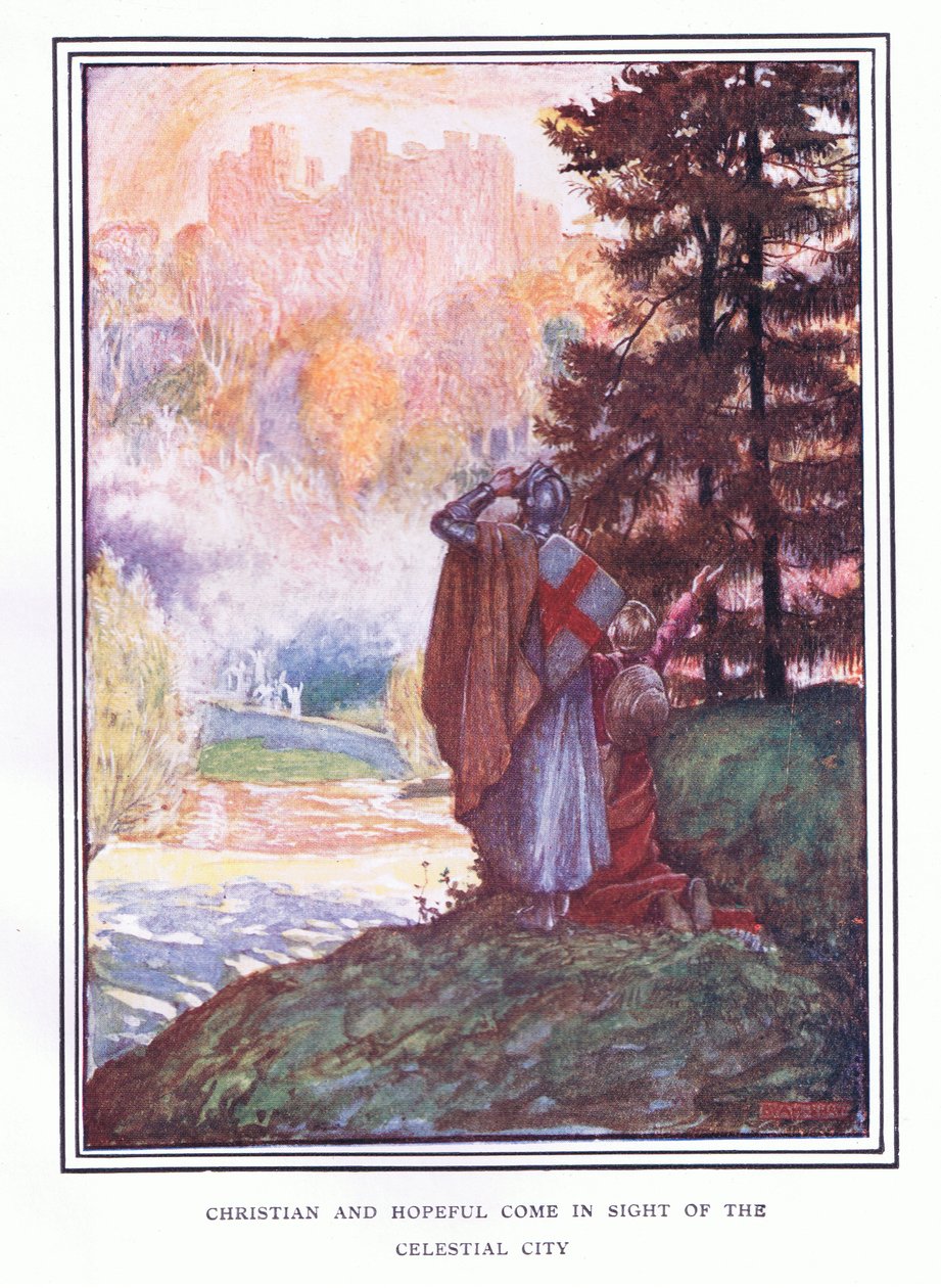 Kristne og håbefulde kommer i syne af den himmelske by swed av John Byam Liston Shaw