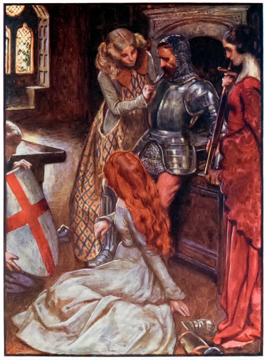 Christian beväpnad från The Pilgrims Progress From This World, To That What Is To Come av John Bunyan (1628-1688) Illustration av Byam Shaw (1872-1919), Christian i vapenhuset på Palace Beautiful b av John Byam Liston Shaw