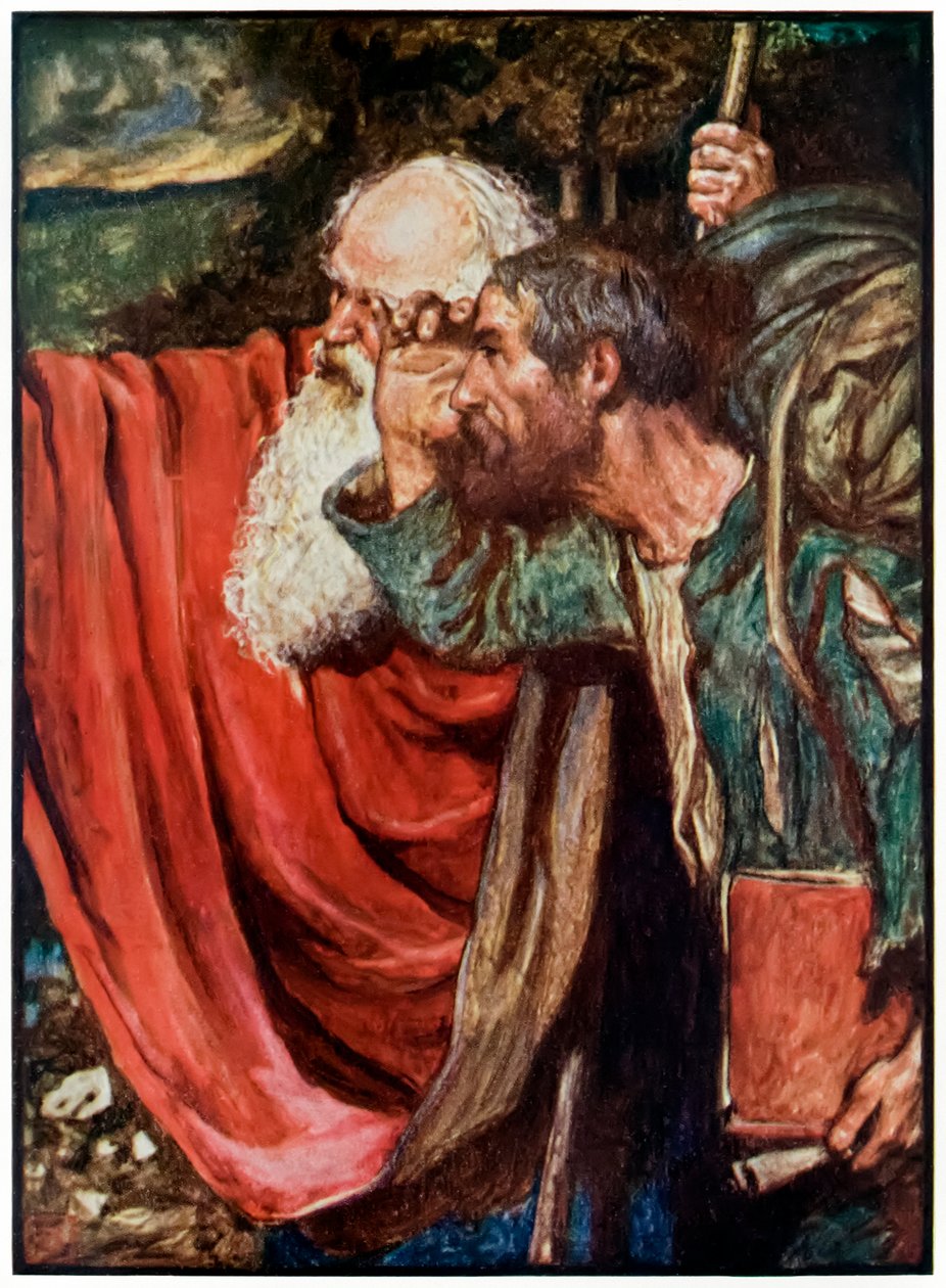 Evangelist pekar ut vägen till Wicket Gate från The Pilgrims Progress From This World, To That What Is To Come av John Bunyan (1628-1688) Illustration av Byam Shaw (1872-1919) som visar Evangelis av John Byam Liston Shaw