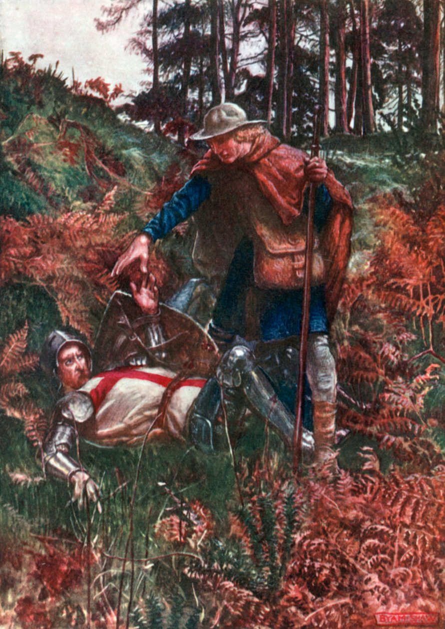 Trogen hjälper Christian upp efter hans fall (färglitografi) av John Byam Liston Shaw