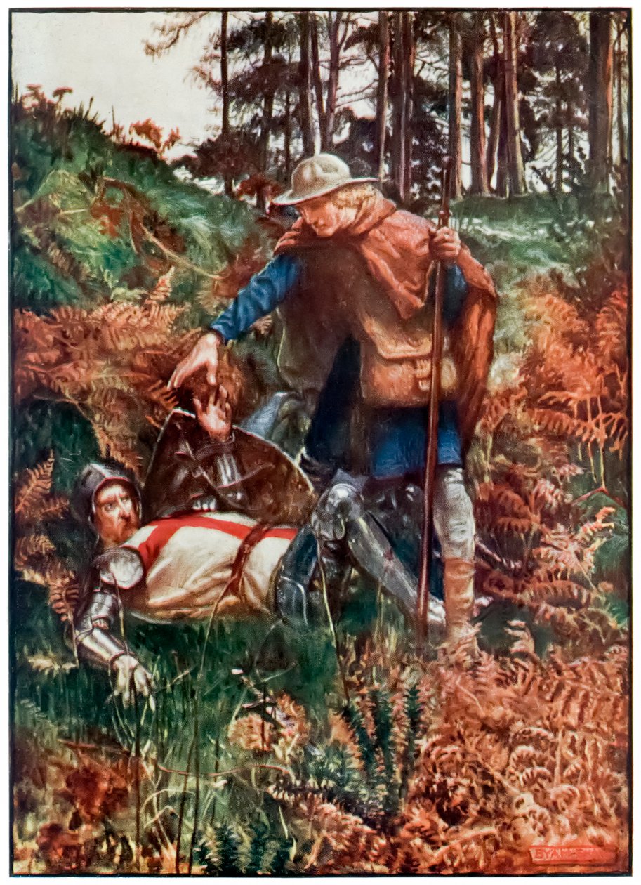 Faithful hjälper Christian upp efter hans fall från The Pilgrims Progress From This World, To That What Is To Come av John Bunyan (1628-1688) Illustration av Byam Shaw (1872-1919) som visar kristen varelse av John Byam Liston Shaw