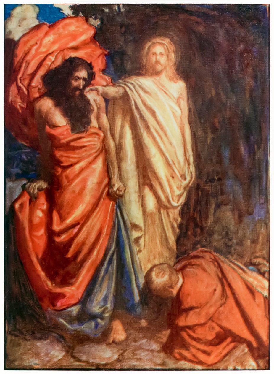 Faithful slagen av Moses från The Pilgrims Progress From This World, To That What Is To Come av John Bunyan (1628-1688) Illustration av Byam Shaw (1872-1919) som visar Faithful slagen av en unmerc av John Byam Liston Shaw