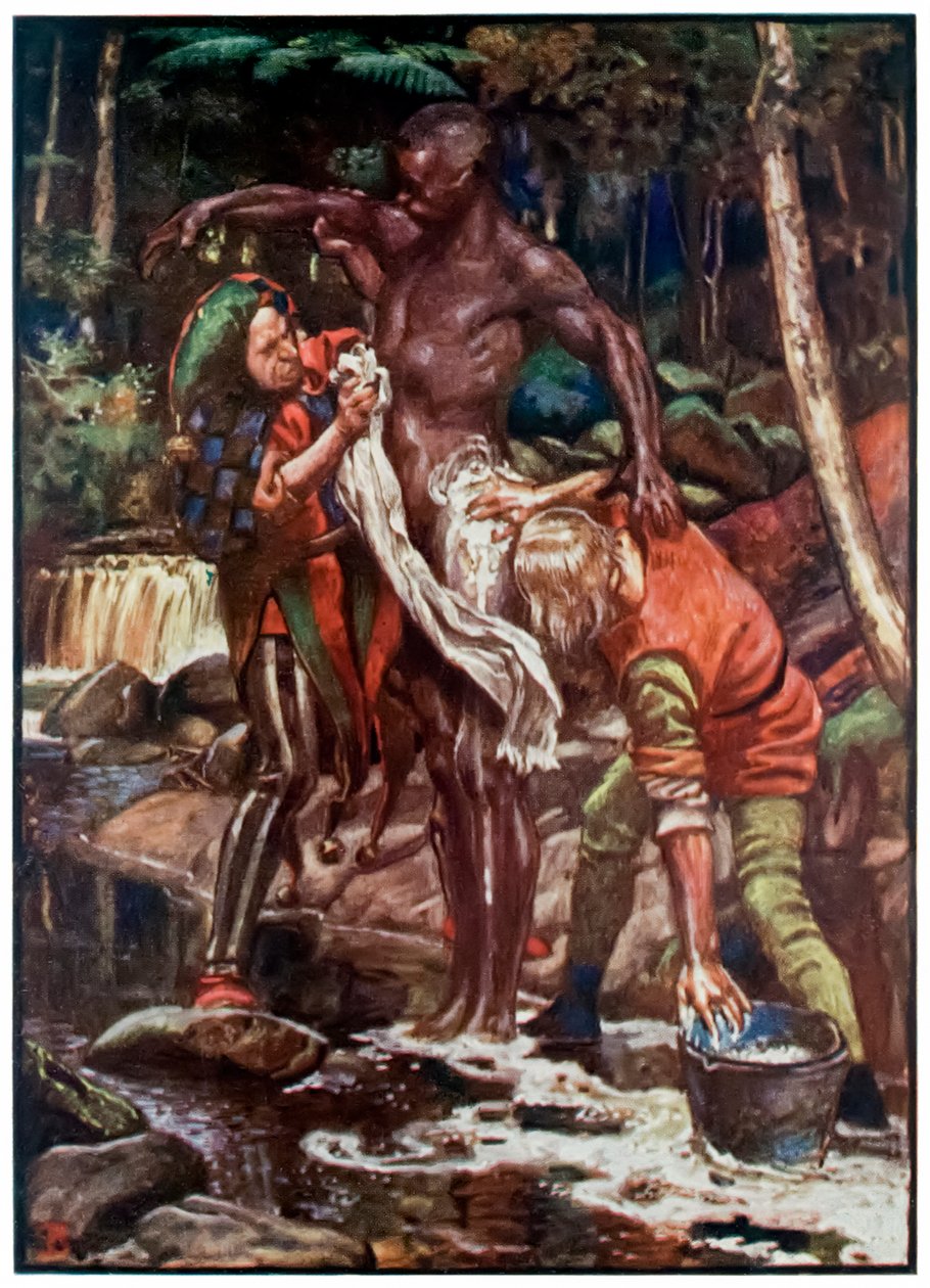 Fool and Want-Wit tvättar etiopiern från The Pilgrims Progress From This World, To That What Is To Come av John Bunyan (1628-1688) Illustration av Byam Shaw (1872-1919), försöker tvätta Ethiop av John Byam Liston Shaw