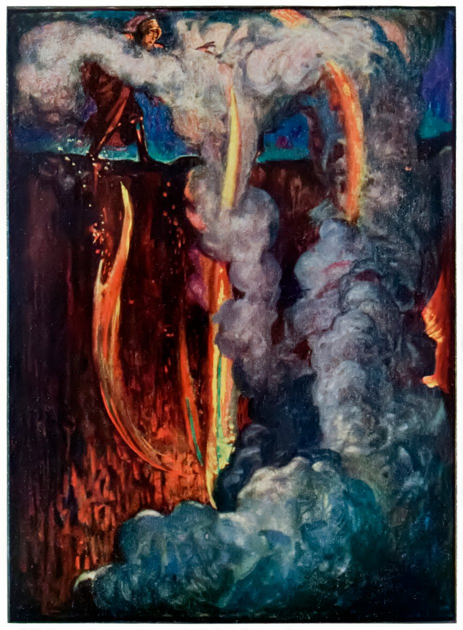 Hells Mouth from the Pilgrims Progress From This World, to That That That Come av John Bunyan (1628-1688) Illustration av Byam Shaw (1872-1919) som visar Christian i Dödsskuggans dal av John Byam Liston Shaw