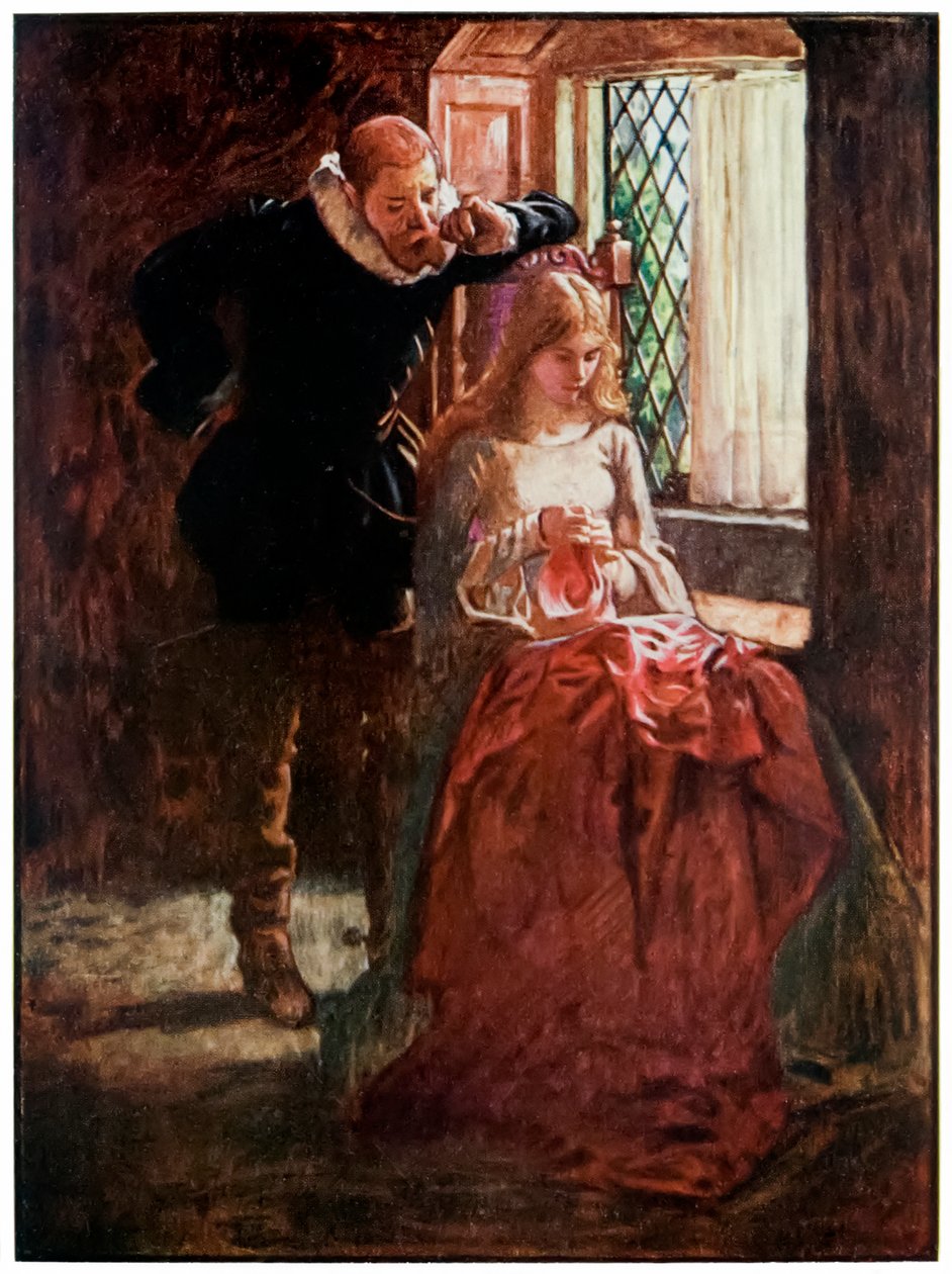 Mr Brisk and Mercy from The Pilgrims Progress From This World, To That Who Is To Come av John Bunyan (1628-1688) Illustration av Byam Shaw (1872-1919), Mr Brisk uppvaktar nåd tills han upptäcker henne i av John Byam Liston Shaw