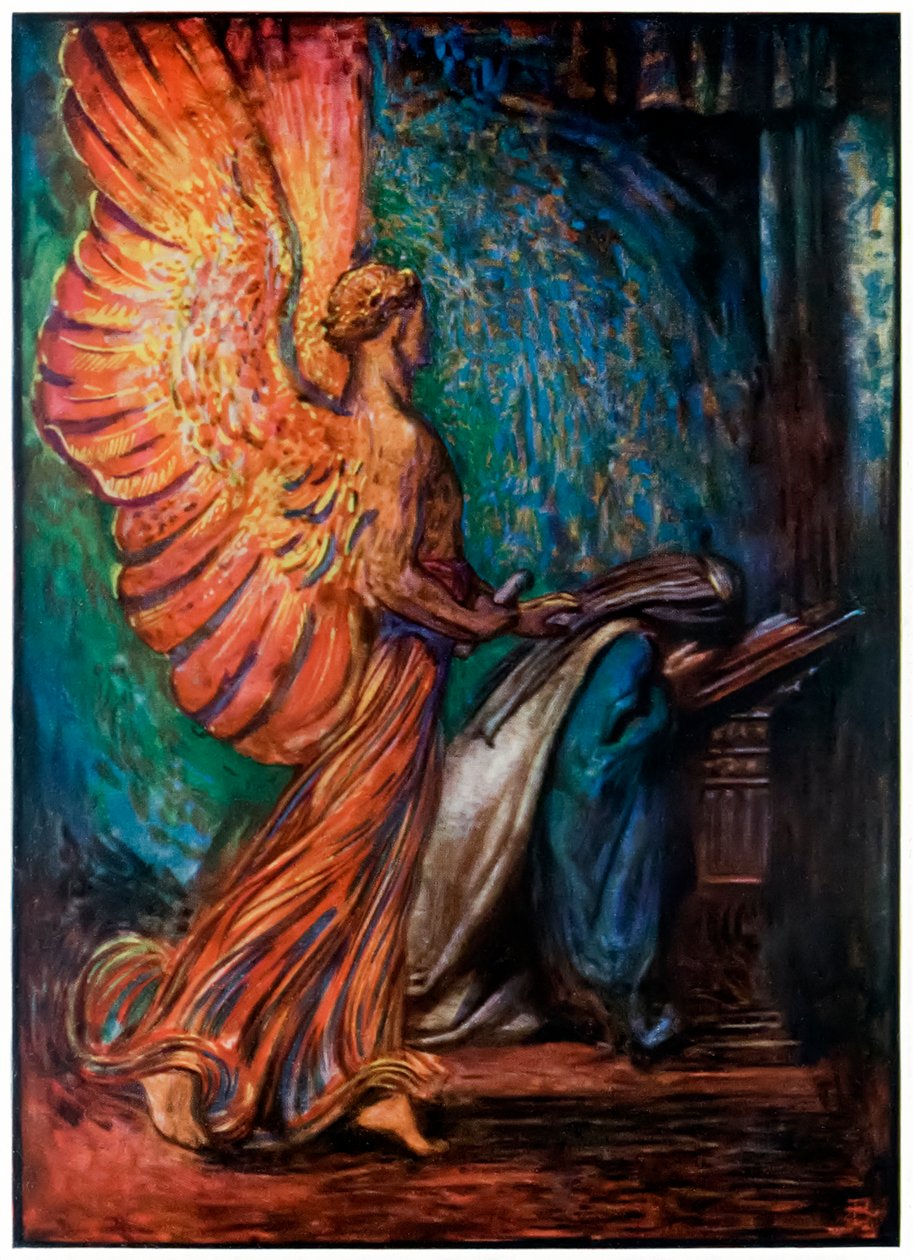 Budbäraren kommer till Christiana från The Pilgrims Progress From This World, To That What Is To Come av John Bunyan (1628-1688) Illustration av Byam Shaw (1872-1919), en ängel anländer och kallar Chri av John Byam Liston Shaw
