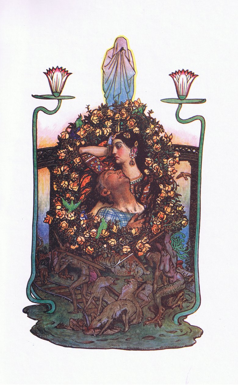Trädgården vid bron, illustration från Kamas trädgård (och andra texter från Indien), 1920 av John Byam Liston Shaw
