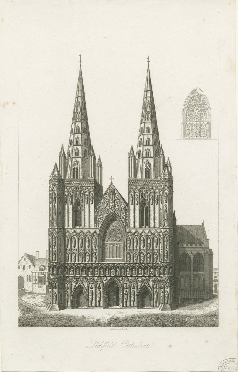 Lichfield Cathedral - West Front: gravyr och [tidigt 1800-tal] (tryck) av John Byrne