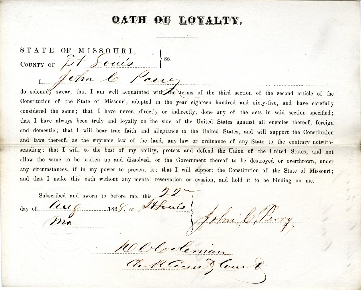 Loyalty oath of John C. Perry of Missouri, County of St. Louis av John C. Perry