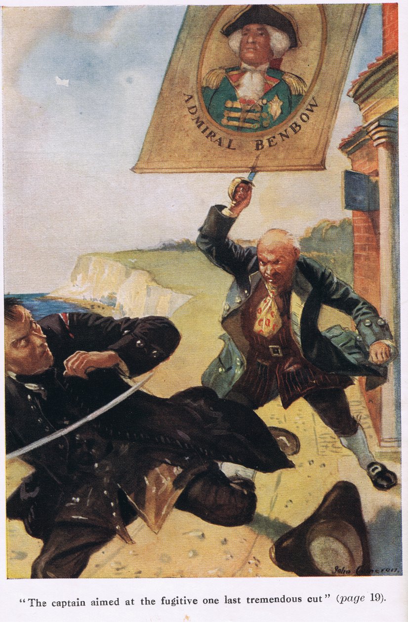 Kaptenen siktar på flyktingen på det sista enorma snittet, illustration från "Skattkammarön" av Robert Louis Stevenson. av John Cameron