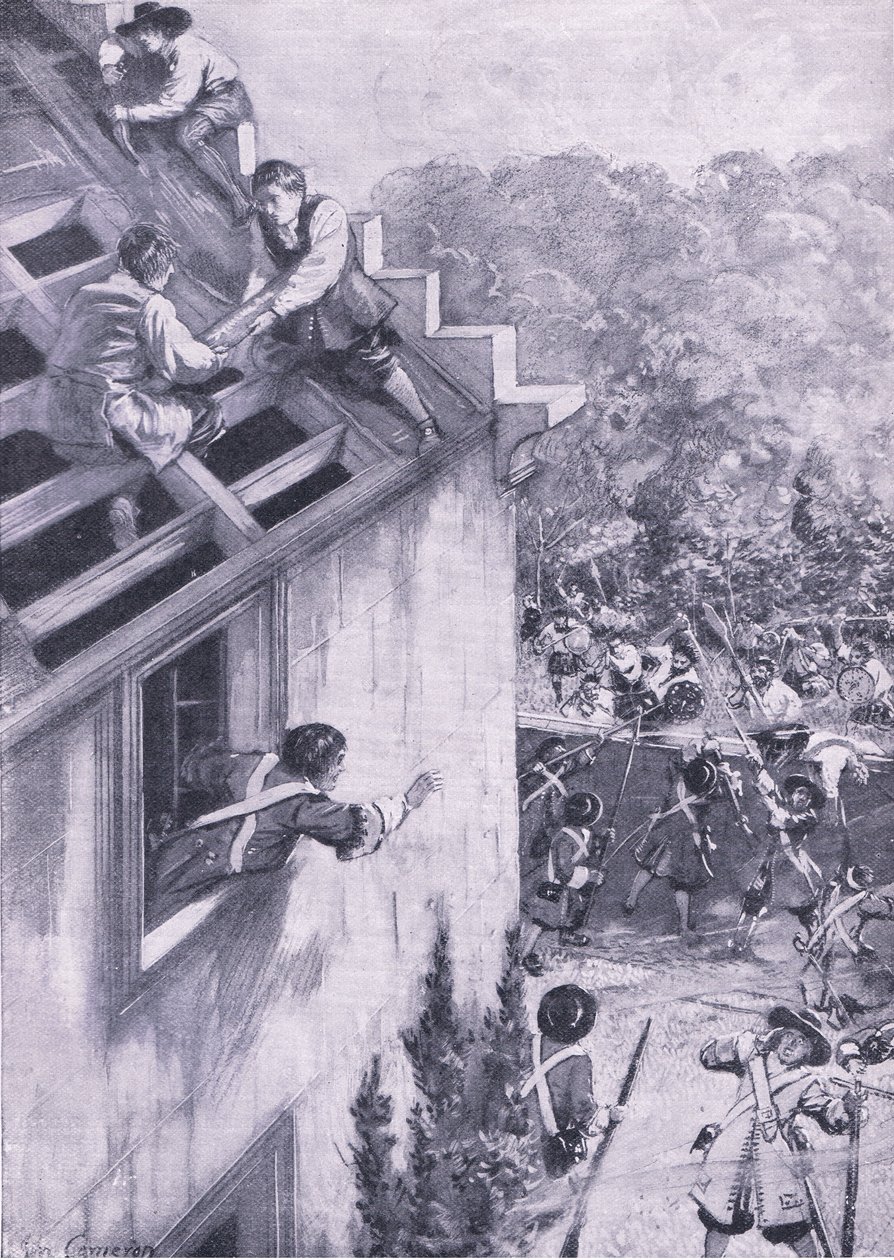 Anfallet på Dukeld, 21 augusti 1689, illustration från brittiska striderna på land och hav, 1915 av John Cameron